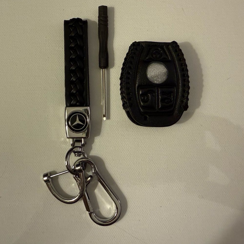 Mercedes Benz Key Fob Keychain and Fob Case Cover in Black Leather NWT